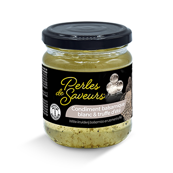 White balsamic condiment and summer truffle Flavor Pearls